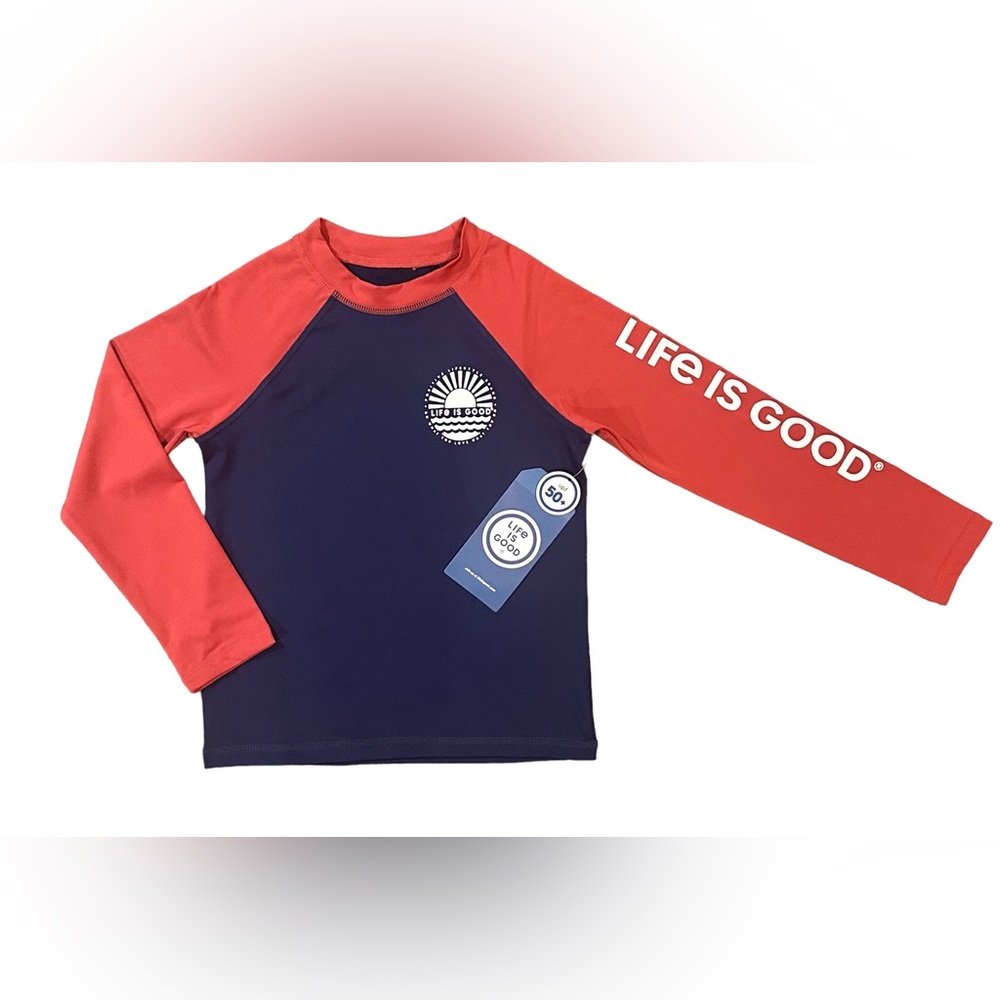 BOYS/GIRLS Life is Good Logo long sleeve rash/sun guard UPF50 RED/BLUE Sz: 6 NWT